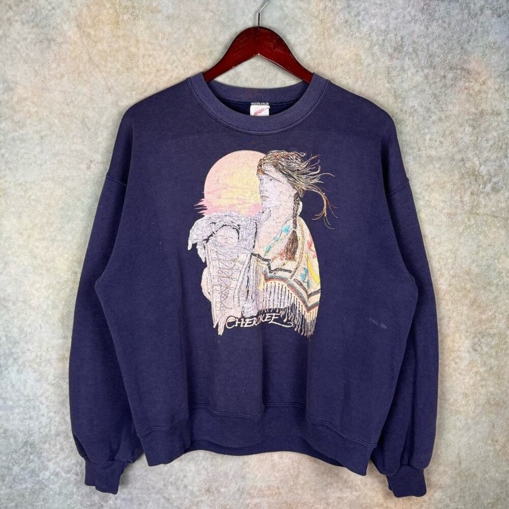 VTG 80s Native American Woman Graphic Sweatshirt Sz M Cherokee Navy Blue Faded